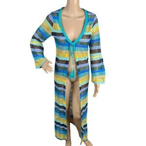 CASTING Colorful Striped Crochet Bell Sleeve Bohemian Duster Cardigan SZ S